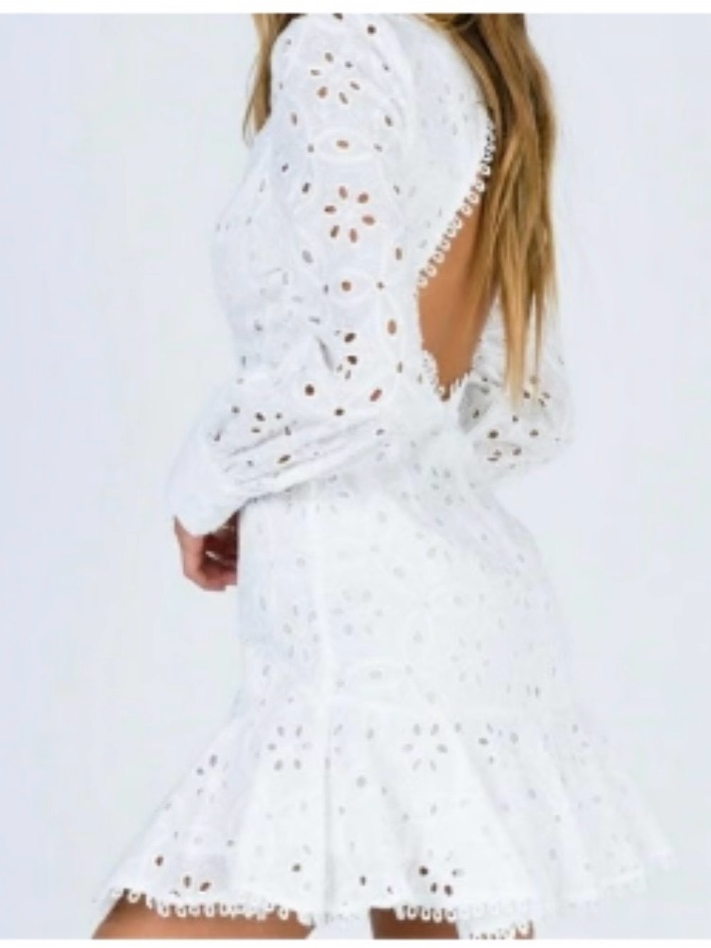 Princess Polly White Eyelet V-Neck Long Sleeve Mini Dress - Picture 2 of 12